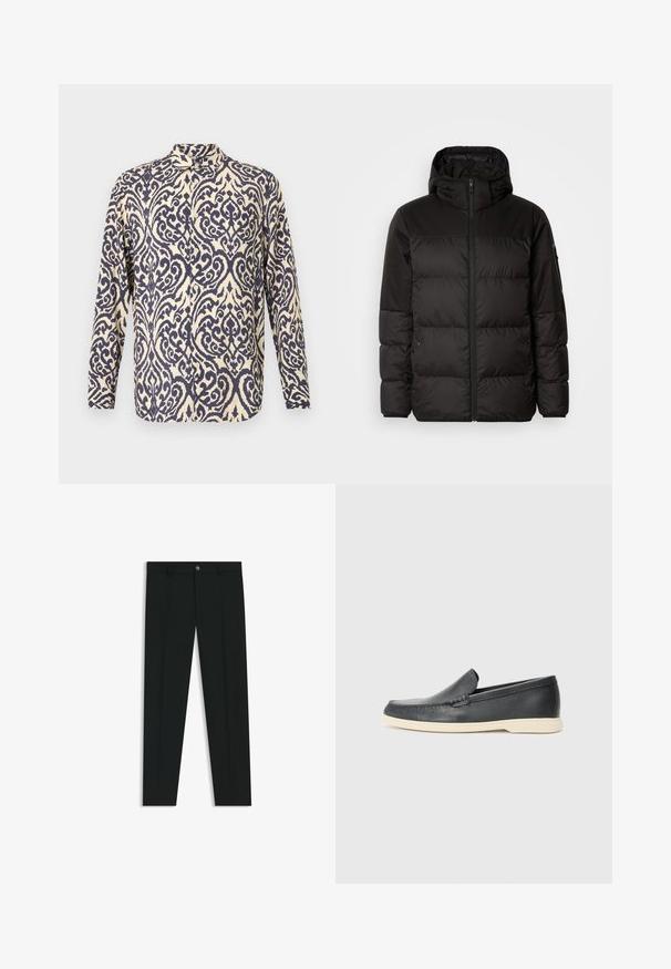 Czarna kurtka puchowa z zapięciem na zamek, kapturem, pikowanymi sekcjami i elastycznymi mankietami, wykonana z gładkiego, wodoodpornego materiału.; Koszula z długim rękawem w kolorze kremowym z misternymi granatowymi wzorami w spirale, z kołnierzykiem i zapinana na guziki.; Czarne spodnie materiałowe z prostymi nogawkami, wykonane z gładkiego materiału. Posiadają zamek na guzik z przodu oraz szlufki na pasek. Gładkie, bez wzorów.; Czarne skórzane slip-ony w stylu loafers z teksturowanym wykończeniem i kontrastującą beżową gumową podeszwą. Posiadają delikatny akcent wzdłuż przodu.