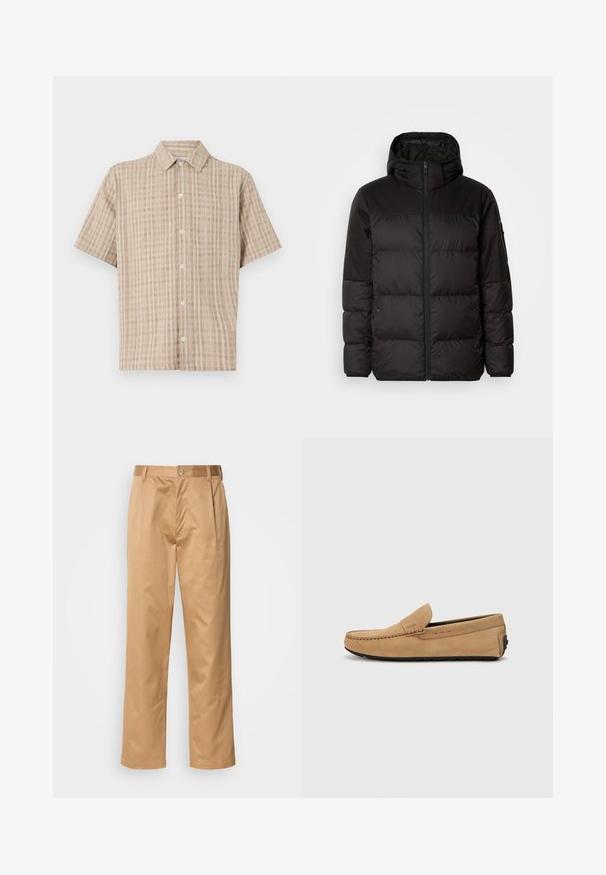 A jaqueta puffer preta apresenta um fecho zip, um capuz, secções acolchoadas e punhos elásticos, confeccionada em um material liso e resistente à água.; Camisa de mangas curtas, com colarinho, em bege com um padrão quadriculado. Feita de um tecido texturizado, apresenta um fecho de botões à frente e um corte descontraído.; Calças caqui, mistura de algodão, design de pernas retas, pregas frontais, passantes para cinto e fecho com botão. Textura suave sem padrões.; Chinelo de camurça bege com biqueira costurada, design slip-on e sola de borracha preta. Apresenta uma marcação discreta na lateral.