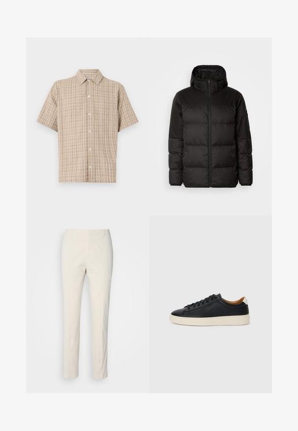 Il giubbotto puffo nero presenta una chiusura con zip, un cappuccio, sezioni trapuntate e polsini elastici, realizzato in un materiale liscio e resistente all'acqua.; Camicia a maniche corte con colletto beige a fantasia check. Realizzata in un tessuto testurizzato, presenta un davanti con bottoni e una vestibilità morbida.; Pantaloni su misura di colore crema in tessuto texturizzato. Presentano una linea dritta, passanti per cintura e due tasche frontali. Senza fantasie.; Sneakers in pelle nera con una texture liscia, suola in gomma beige, design con lacci e un accento del tacco in contrasto.