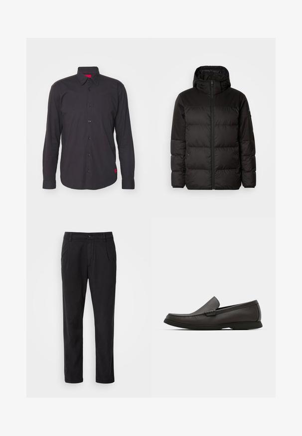 La doudoune noire est dotée d'une fermeture éclair, d'une capuche, de sections matelassées et de poignets élastiques, fabriquée à partir d'un matériau lisse et résistant à l'eau.; Chemise noire à manches longues en coton, dotée d'un col pointu, d'une fermeture à boutons et d'un accent rouge à l'intérieur du col. Tissu texturé sans motifs.; Pantalons noirs en tissu lisse, avec une coupe droite, des plis avant et une fermeture à bouton à la taille.; Mocassins en cuir marron foncé avec un bout arrondi, des détails de couture discrets et une semelle en caoutchouc basse. Texture lisse avec un ajustement flexible.