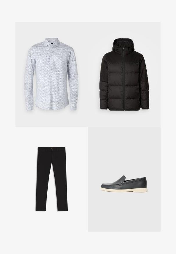 Black puffer jacket features a zip closure, a hood, quilted sections, and elastic cuffs, made from a smooth, water-resistant material.; Long-sleeve shirt in light blue fabric featuring a small floral pattern in dark blue and subtle white accents; classic collar and button front.; Black trousers made of fabric with a smooth texture. Features a button closure, belt loops, and side pockets. Standard straight-leg design.; Black leather slip-on loafers with a textured finish and a contrasting beige rubber sole. Features a subtle accent along the front.