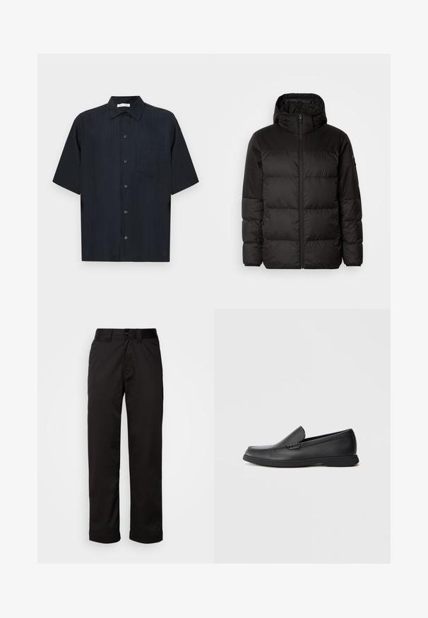 Čierna prešívaná bunda má zips, kapucňu, prešívané sekcie a elastické manžety, vyrobená z hladkého, vodeodolného materiálu.; Čierna košeľa s krátkym rukávom z textúrovaného materiálu, so zapínaním na gombíky vpredu, malou náprsnou vreckou a klasickým golierom.; Čierne nohavice z hladkej látky s predným zipsom, zapínaním na gombík a srolovanými manžetami pre ležérny vzhľad.; Čierne kožené mokasíny bez šnúrok s textúrovaným vrchom, zaoblenou špičkou, nízkym podpätkom a gumovou podrážkou, zobrazené v bočnom profile na bielom pozadí.