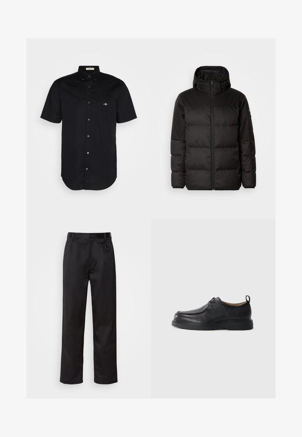 Schwarze Pufferjacke mit Reißverschluss, Kapuze, gesteppten Abschnitten und elastischen Bündchen, hergestellt aus einem glatten, wasserabweisenden Material.; Schwarzes kurzärmeliges Hemd aus Baumwolle, mit Button-down-Kragen, vorderer Tasche mit gesticktem Logo, geradem Saum und glatter Textur.; Schwarze Hosen aus glattem Stoff, mit einem Knopfverschluss vorne, Falten und geraden Beinen. Keine sichtbaren Muster oder Akzente.; Schwarze Lederschuhe mit glatter Oberfläche, abgerundeter Zehenpartie, dezentem Nähen, Schnürung und einer strukturierten Zuglasche auf der Rückseite.