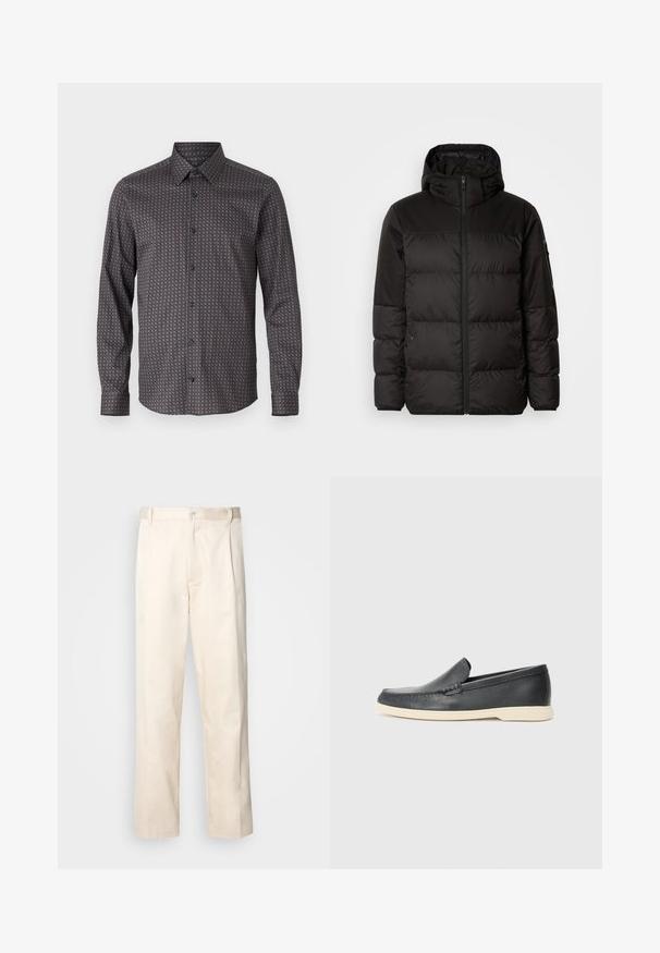 Juodas pūkinis švarkas turi užtrauktuką, gobtuvą, siūlinčius skyrius ir elastinius rankogalius, pagamintas iš lygaus, vandeniui atsparaus medžiagos.; Ilgųjų rankovių marškiniai tamsiai mėlynos spalvos audiniu su subtiliu geometriniu raštu šviesiai mėlynos ir rudos spalvos atspalviais. Pasižymi standartiniu apykakle ir mygtukų užsegimu.; Bežinės medvilninės kelnės su tiesiu kirpimu, turinčios mygtuko uždarymą ir priekyje raukšles papildomai dekoratyviam akcentui.; Juodi odiniai batus be raištelių, turintys tekstūruotą paviršių ir kontrastingą smėlio spalvos gumos padai. Yra subtilus akcentas priekyje.