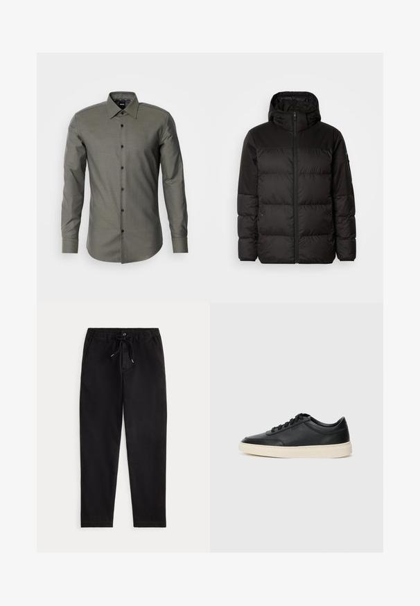 Juodas pūkinis švarkas turi užtrauktuką, gobtuvą, siūlinčius skyrius ir elastinius rankogalius, pagamintas iš lygaus, vandeniui atsparaus medžiagos.; Tamsiai žalia mygtukinė marška su ilgomis rankovėmis, smailiu apykakle ir tamsiais mygtukais, pasižyminti tekstūruotu audiniu ir pritaikytu siluetu.; Juodos laisvos kelnės su elastinga juosta, raišteliu, priekinėmis sagomis ir šoninėmis kišenėmis, pateiktos ant vienodo fono.; Juoda žema viršutinė odinė sportbačiai su juodais raišteliais ir kreminiu padu, pateikti šoniniame profilyje ant baltos fono.