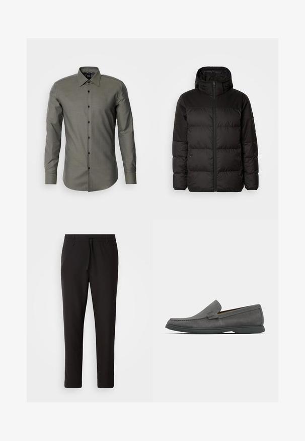 Mustikas puffer-jakk sisaldab tõmblukku, kapuutsi, tikandiga osi ja elastseid mansette, valmistatud siledast veekindlast materjalist.; Olivroheline nööbitav särk pikkade varrukatega, terava kaelusega ja tumedate nööpidega, millel on tekstuurne kangas ja kohandatud lõige.; Mustad jogger-püksid, mis on valmistatud siledast kangast. Omavad elastset pihaotsikut koos paelaga, kitsenevaid jalaosi ja nähtamatuid taskuid. Lihtne disain.; Hallid hallad kampsunid ümarate varvaste, õmblusdetailide ja madala kummitaldaga. Omavad libiseva disaini ilma nähtava riistvarata.