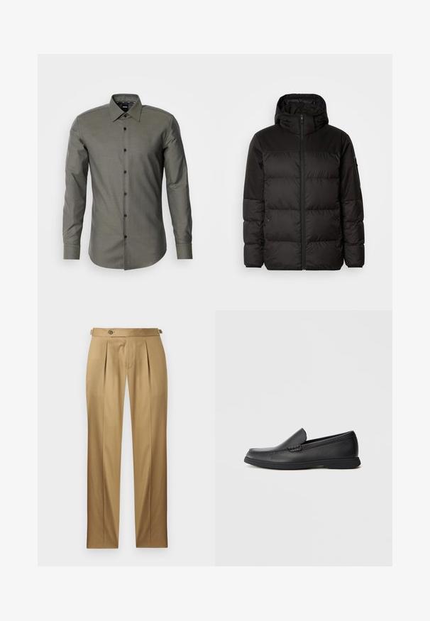 Mustikas puffer-jakk sisaldab tõmblukku, kapuutsi, tikandiga osi ja elastseid mansette, valmistatud siledast veekindlast materjalist.; Olivroheline nööbitav särk pikkade varrukatega, terava kaelusega ja tumedate nööpidega, millel on tekstuurne kangas ja kohandatud lõige.; Beežid püksid sirge lõikega, millel on voldid, nööpkinnitus ja vööaasad. Sile kangas puhta ja viimistletud väljanägemisega.; Mustast nahast slip-on loafer, millel on tekstureeritud ülemine osa, ümar varvas, madal konts ja kummist tallad, esitatud külgprofiilis valgel taustal.