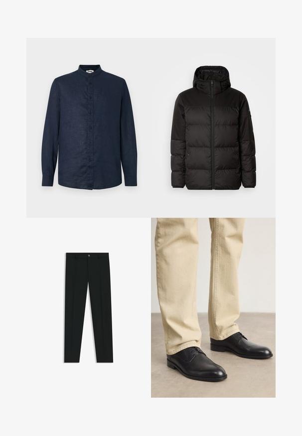 Svart puffjacka med blixtlås, huva, quiltade sektioner och elastiska mudd, tillverkad av ett slätt, vattentåligt material.; Marinblå linneskjorta med mandarinkrage, helärmade ärmar och knappstängning framtill; slät textur och utan mönster.; Svarta dressbyxor med rak bendesign, gjorda av ett mjukt tyg. Har stängning med frontknapp och bälteshällor. Enfärgade utan mönster.; Svarta läderskor med snörning, rund tå, slät yta och subtila sömdetaljer, bärs med ljusbeige byxor.