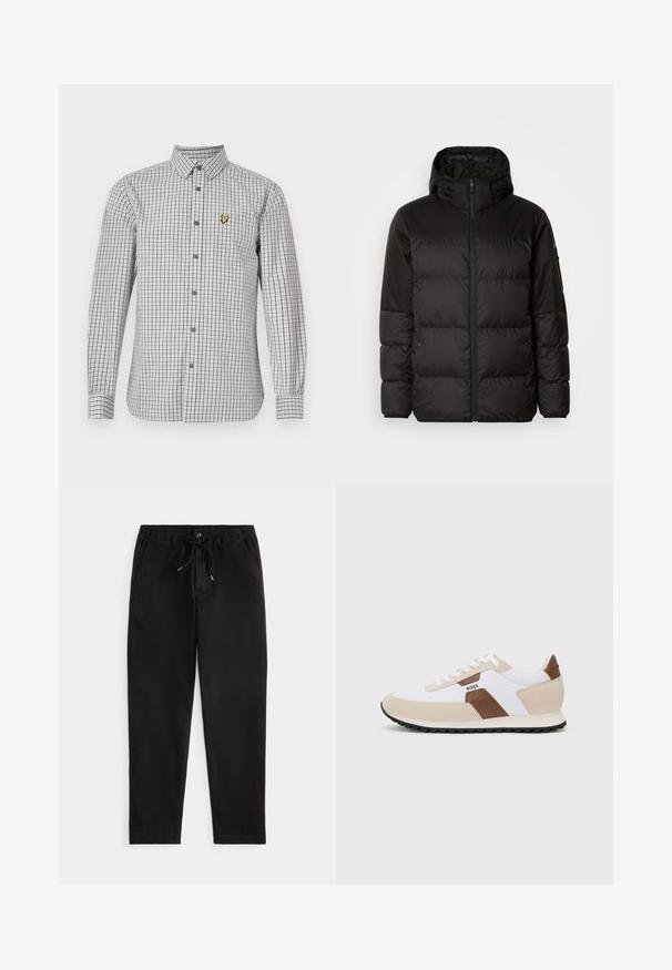 Juodas pūkinis švarkas turi užtrauktuką, gobtuvą, siūlinčius skyrius ir elastinius rankogalius, pagamintas iš lygaus, vandeniui atsparaus medžiagos.; Ilgųjų rankovių mygtukais užsegama marškinėlių palaidinė su patikrinta raudona ir balta spalva. Priekyje, kairėje krūtinės pusėje yra geltonas logotipas, taip pat klasikinė apykaklė ir rankogaliai.; Juodos laisvos kelnės su elastinga juosta, raišteliu, priekinėmis sagomis ir šoninėmis kišenėmis, pateiktos ant vienodo fono.; Batai sportiniai, pagaminti iš baltos tinklinės medžiagos ir kreminės zomšos, su rudos odos akcentu. Apvali noselė, plokščias gumos padas ir raištelių užsegimas.