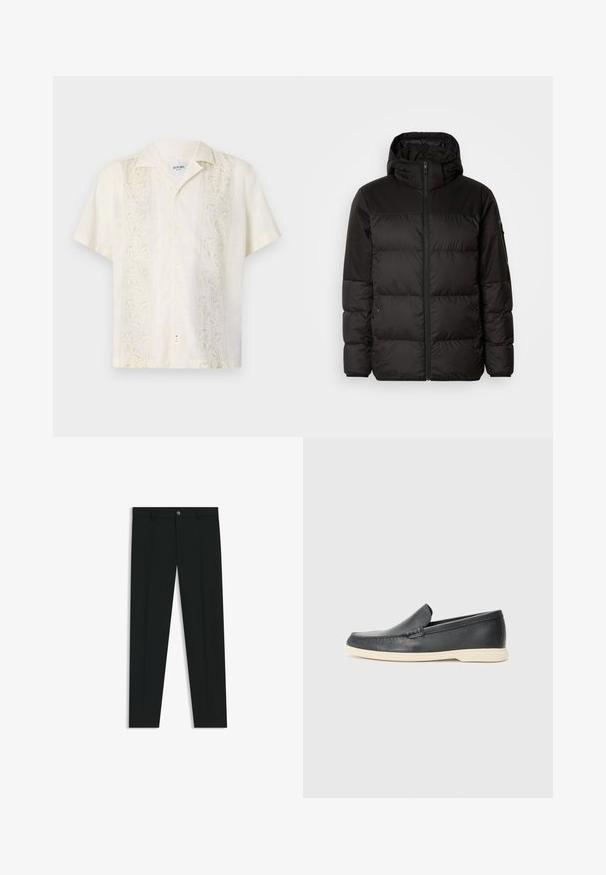 Musta puhvijakku sisältää vetoketjun, hupun, tilkuista koostuvia osioita ja joustavat hihansuut. Se on valmistettu sileästä, vedenpitävästä materiaalista.; Lyhythihainen, vaaleanbeige paita, jossa on kauluspääntie. Paidassa on hienovaraiset lehdenkuvat brodeerattuina molemmilla puolilla, ja se sulkeutuu edessä nappikiinnityksellä.; Musta housut, joissa on suora lahje, valmistettu sileästä kankaasta. Edessä nappisulku ja vyölenkit. Yksinkertainen ilman kuvioita.; Mustat nahkakengät ilman nauhoja, joissa on teksturoitu pinta ja kontrastoiva beige kumipohja. Kengissä on hillitty yksityiskohta etuosassa.