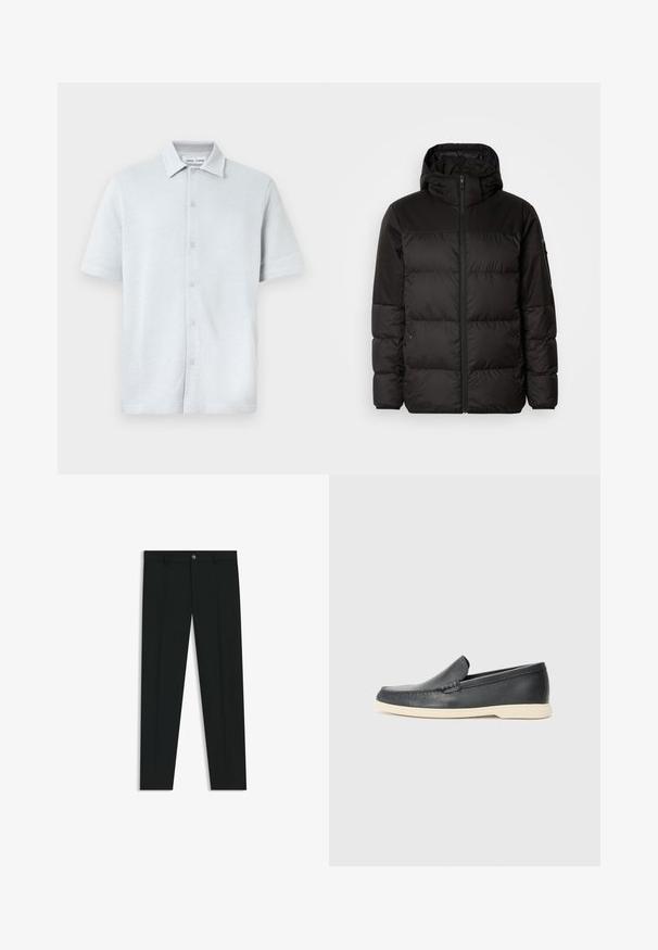 Musta puhvijakku sisältää vetoketjun, hupun, tilkuista koostuvia osioita ja joustavat hihansuut. Se on valmistettu sileästä, vedenpitävästä materiaalista.; Vaaleansininen lyhythihainen kauluksellinen paita, jossa on teksturoidusta kankaasta tehty timanttikuosi, nappikiinnitys edessä ja suora helma.; Musta housut, joissa on suora lahje, valmistettu sileästä kankaasta. Edessä nappisulku ja vyölenkit. Yksinkertainen ilman kuvioita.; Mustat nahkakengät ilman nauhoja, joissa on teksturoitu pinta ja kontrastoiva beige kumipohja. Kengissä on hillitty yksityiskohta etuosassa.