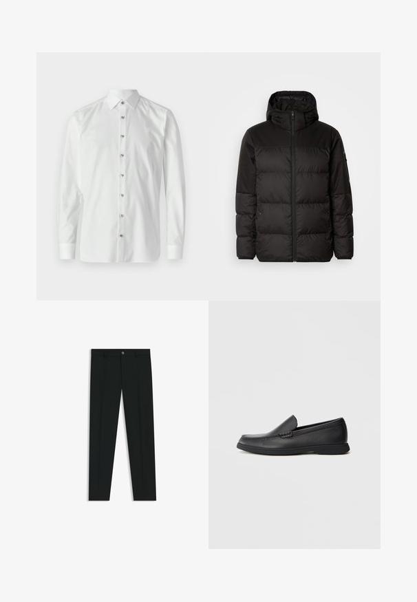 Zwarte pufferjas met ritsluiting, een capuchon, gequiltte secties en elastische manchetten, gemaakt van een glad, waterafstotend materiaal.; Witte lange mouwen shirt van gladde stof met een puntige kraag. Beschikt over een volledige knoopsluiting met metalen knopen en knoopmanchetten.; Zwarte dresspants met een recht pasvorm, gemaakt van een gladde stof. Heeft een sluiting met een knoop aan de voorkant en ceintuurlussen. Effen zonder patronen.; Zwarte leren instaploafer met een textuur bovenwerk, ronde neus, lage hak en rubberen zool, weergegeven in zijprofiel op een witte achtergrond.