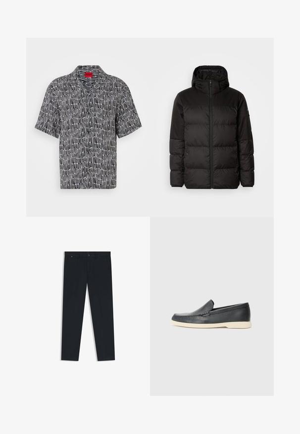 Schwarze Pufferjacke mit Reißverschluss, Kapuze, gesteppten Abschnitten und elastischen Bündchen, hergestellt aus einem glatten, wasserabweisenden Material.; Kurzärmeliges Shirt mit Schwarz-Weiß-Muster, mit einem Camp-Kragen und lockerer Passform. Es hat ein geometrisches Design und ein rotes HUGO-Label am Kragen.; Herren-Hosen in dunklem Marineblau aus leichtem Stoff. Mit Knopfverschluss, Gürtelschlaufen und zwei Seitentaschen. Gerade Beinform.; Schwarze Leder-Slipper mit strukturiertem Finish und einer kontrastierenden beige Gummisohle. Mit einem dezenten Akzent an der Vorderseite.