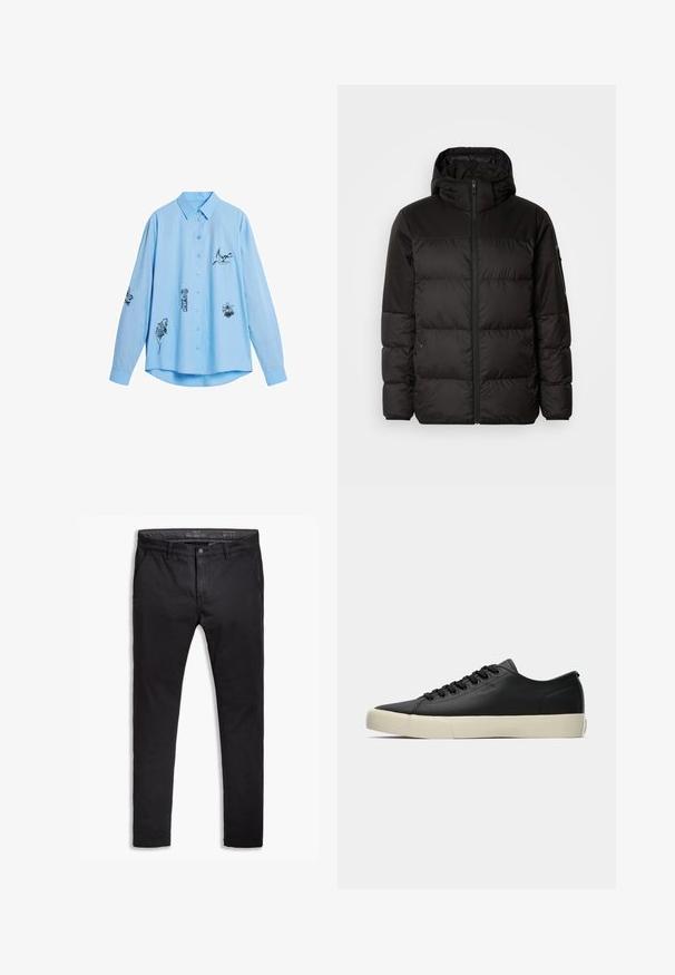 Il giubbotto puffo nero presenta una chiusura con zip, un cappuccio, sezioni trapuntate e polsini elastici, realizzato in un materiale liscio e resistente all'acqua.; Camicia a maniche lunghe azzurro chiaro in cotone con disegni di animali ricamati in nero sulla parte frontale e sulle maniche. Presenta un colletto con bottoni.; Chinos neri in cotone con vestibilità affusolata, dotati di cinque tasche, passanti per cintura e una superficie liscia. Chiusura con zip e bottone.; Sneaker nera in pelle a basso profilo con lacci neri e suola in gomma avorio, vista laterale che mostra il sottile marchio "BOSS".