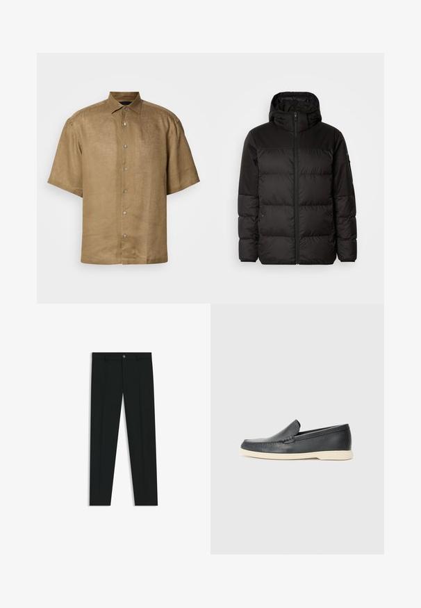 Zwarte pufferjas met ritsluiting, een capuchon, gequiltte secties en elastische manchetten, gemaakt van een glad, waterafstotend materiaal.; Korte mouw, knoopshirt van lichtbruin linnen met een gestructureerde afwerking, met een standaard kraag en zes knopen aan de voorkant.; Zwarte dresspants met een recht pasvorm, gemaakt van een gladde stof. Heeft een sluiting met een knoop aan de voorkant en ceintuurlussen. Effen zonder patronen.; Zwarte leren instappers met een gestructureerde afwerking en een contrasterende beige rubberen zool. Beschikt over een subtiele accent langs de voorkant.