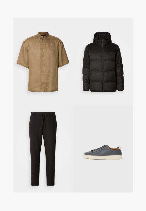 Zwarte pufferjas met ritsluiting, een capuchon, gequiltte secties en elastische manchetten, gemaakt van een glad, waterafstotend materiaal.; Korte mouw, knoopshirt van lichtbruin linnen met een gestructureerde afwerking, met een standaard kraag en zes knopen aan de voorkant.; Zwarte joggingsbroek van gladde stof. Kenmerkt zich door een elastische tailleband met een trekkoord, taps toelopende benen en geen zichtbare zakken. Eenvoudig ontwerp.; Grijze leren sneaker met ronde neus, rubberen zool, platte veters en lichte accenten op de hiel. Gladde textuur en minimalistisch ontwerp.