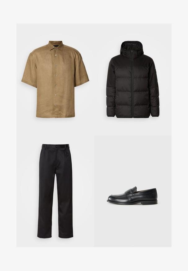 Melna pūkainā jakā iezīmes ir rāvējslēdzēja aizdare, kapuce, kvadrātveida šuves un elastīgas aproces, izgatavota no gludas, ūdensizturīgas vielas.; Īsām piedurknēm, krekls ar pogām gaismas brūnā lina audumam ar teksturētu apdari, kuram ir standarts apkakle un sešas pogas priekšpusē.; Melnas bikses, kas izgatavotas no gludas auduma, ar priekšējo pogu aizdari, krokām un taisnām kājām. Nav redzamu rakstu vai akcentu.; Skaidrs ādas mokasīni ar noapaļotu purngalu, šūšanas detaļām un plakanu gumijas zoli. Iekļauta plata josla pāri pēdas vidusdaļai.