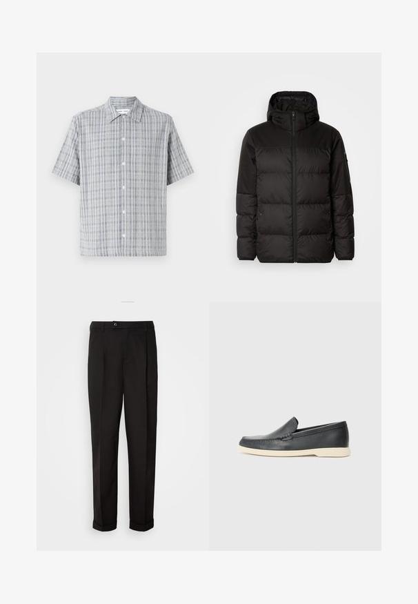 Černá péřová bunda má zipový uzávěr, kapuci, prošívané části a elastické manžety, vyrobená z hladkého, voděodolného materiálu.; Košile s krátkým rukávem, světle modrá a bílá kostka, zapínání na knoflíky, límec, vyrobená z texturované látky se volným střihem.; Černé kalhoty s hladkou texturou, rázovaného střihu, dvěma předními kapsami a jedním knoflíkovým zapínáním v pase.; Černé kožené mokasíny na klínku s texturovaným povrchem a kontrastní béžovou gumovou podrážkou. Vyznačují se jemným akcentem podél přední části.