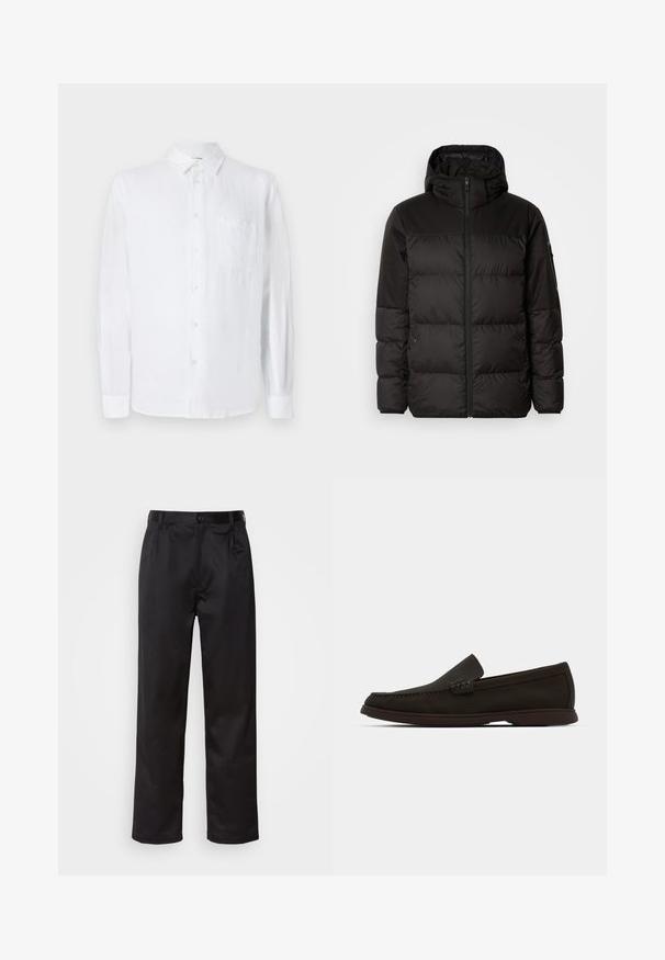 Il giubbotto puffo nero presenta una chiusura con zip, un cappuccio, sezioni trapuntate e polsini elastici, realizzato in un materiale liscio e resistente all'acqua.; Camicetta bianca in lino con maniche lunghe, chiusura con bottoni e taschino sul petto. Tessuto morbido e vestibilità comoda. Adatta per un abbigliamento casual.; Pantaloni neri realizzati in tessuto morbido, con chiusura frontale a bottone, pieghe e gambe dritte. Nessun motivo o accento visibile.; Mocassini slip-on in suede marrone scuro con punta cucita, suola in gomma a profilo basso e dettagli texturizzati sulla parte superiore.