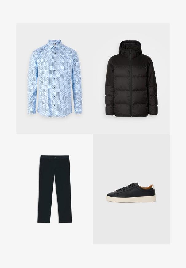 Il giubbotto puffo nero presenta una chiusura con zip, un cappuccio, sezioni trapuntate e polsini elastici, realizzato in un materiale liscio e resistente all'acqua.; Camicia button-down di un blu chiaro con un motivo di piccoli punti blu scuro, maniche lunghe e colletto classico. Presenta bottoni neri.; Chinos di un blu navy scuro realizzati in tessuto misto cotone. Presentano passanti per cintura, tasche frontali e una chiusura con zip e bottone.; Sneakers in pelle nera con una texture liscia, suola in gomma beige, design con lacci e un accento del tacco in contrasto.