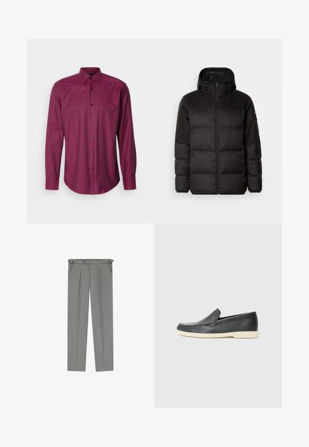 Zwarte pufferjas met ritsluiting, een capuchon, gequiltte secties en elastische manchetten, gemaakt van een glad, waterafstotend materiaal.; Bordeaux langwerpige shirt met een button-down kraag, gestructureerde stof en donkere knopen, met een gebogen zoom en een klassieke pasvorm.; Lichtgrijze op maat gemaakte broek met een gestructureerde afwerking, voorzien van plooien, riemlussen en een knoopsluiting op de taille.; Zwarte leren instappers met een gestructureerde afwerking en een contrasterende beige rubberen zool. Beschikt over een subtiele accent langs de voorkant.