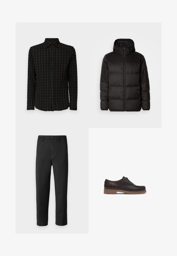 La chaqueta acolchada negra tiene un cierre de cremallera, capucha, secciones acolchadas y puños elásticos, hecha de un material suave y resistente al agua.; Camisa negra de manga larga con un patrón de cuadros texturizado en tonos oscuros, presentando un cierre de botones en la parte delantera, cuello y puños con rayas a juego.; Pantalones negros de corte recto, hechos de una tela lisa. Cuentan con un cierre de botón y trabillas para cinturón. Sin patrones ni acentos visibles.; Les Deux TAYLOR - Náuticos - dark brown