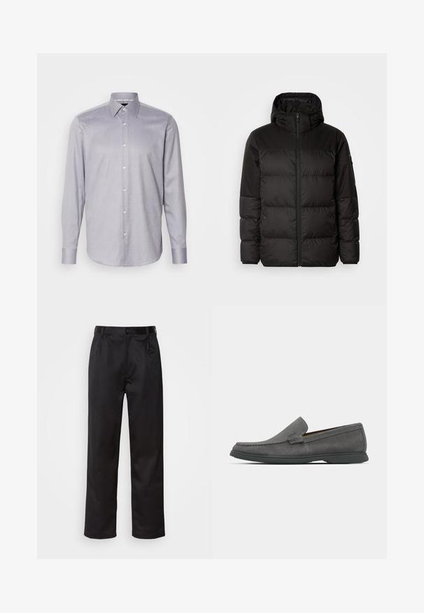 Mustikas puffer-jakk sisaldab tõmblukku, kapuutsi, tikandiga osi ja elastseid mansette, valmistatud siledast veekindlast materjalist.; Heledane lilla pika varrukaga särk, millel on nööbiga krae, esiküljel on õrn tekstuurne muster ja valged nööbid.; Mustadest siledast kangast pükstest, millel on ees nupu sulgemine, voldid ja sirged sääred. Ei mingeid nähtavaid mustreid ega aktsente.; Hallid hallad kampsunid ümarate varvaste, õmblusdetailide ja madala kummitaldaga. Omavad libiseva disaini ilma nähtava riistvarata.