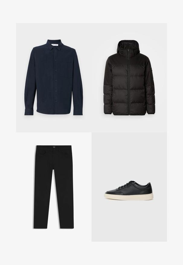 Zwarte pufferjas met ritsluiting, een capuchon, gequiltte secties en elastische manchetten, gemaakt van een glad, waterafstotend materiaal.; Navyblauwe shirt met lange mouwen van zachte stof, met een knoopsluiting aan de voorkant, een puntige kraag en een enkele borstzak.; Zwarte denim broek met een rechte snit, voorzien van een standaard tailleband, vijf zakken en een knoopsluiting. Gladde textuur overal.; Zwarte leren sneaker met lage schacht, zwarte veters en off-white zool, weergegeven in zijprofiel op een witte achtergrond.