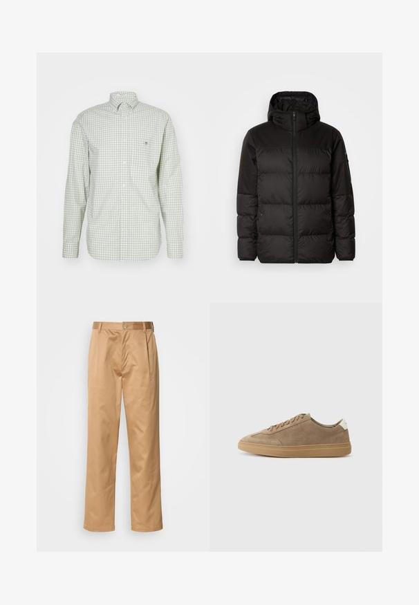 Zwarte pufferjas met ritsluiting, een capuchon, gequiltte secties en elastische manchetten, gemaakt van een glad, waterafstotend materiaal.; Groen en wit geruite overhemden met lange mouwen, knoopsluiting en een klein geborduurd logo op de borstzak en een button-down kraag.; Khaki broek, katoenmix, recht model, voorplooien, riemlussen en knoopsluiting. Gladde textuur zonder patronen.; Suède sneakers in lichtbruin met een rubberen zool. Voorzien van een vetersluiting en een minimalistische stijl, geaccentueerd door een witte hieltab.