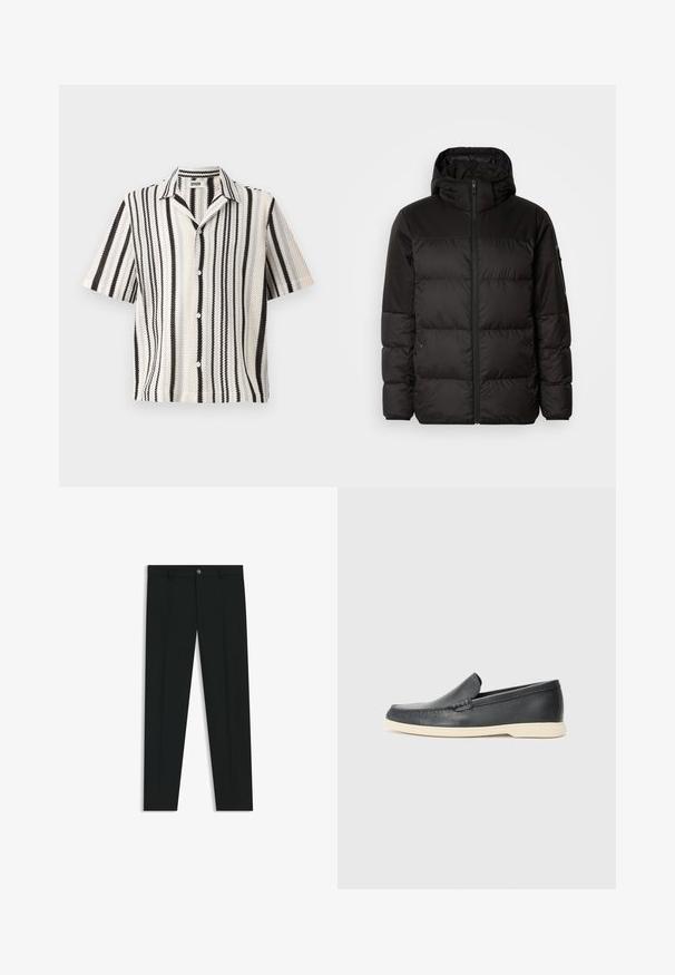 Svart puffjacka med blixtlås, huva, quiltade sektioner och elastiska mudd, tillverkad av ett slätt, vattentåligt material.; Kortärmad skjorta med vävd textur, som har växelvis svarta och vita vertikala ränder samt en standardkrage. Knappstängning med fem knappar fram.; Svarta dressbyxor med rak bendesign, gjorda av ett mjukt tyg. Har stängning med frontknapp och bälteshällor. Enfärgade utan mönster.; Svarta läder slip-on loafers med en texturerad yta och en kontrasterande beige gummisula. Har en subtil accent längs fram.