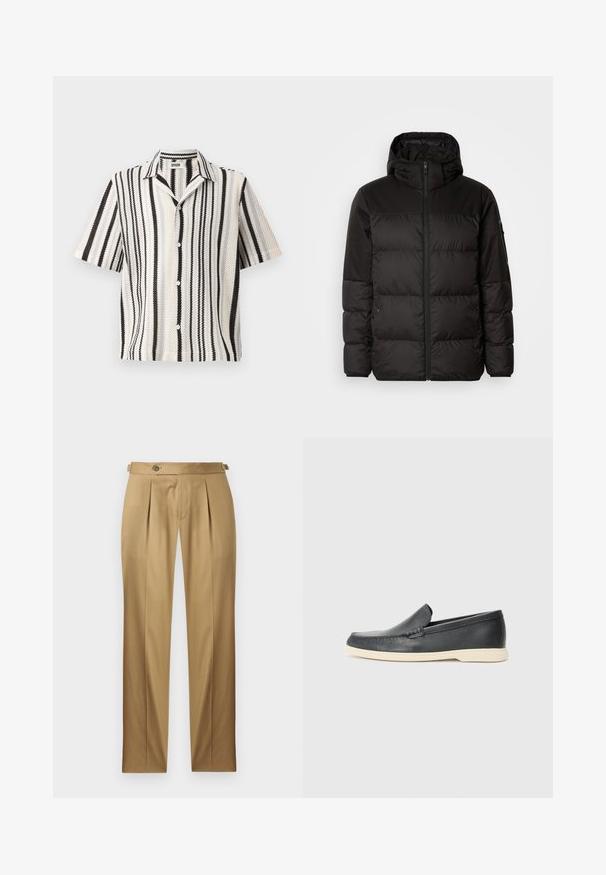 Svart puffjacka med blixtlås, huva, quiltade sektioner och elastiska mudd, tillverkad av ett slätt, vattentåligt material.; Kortärmad skjorta med vävd textur, som har växelvis svarta och vita vertikala ränder samt en standardkrage. Knappstängning med fem knappar fram.; Beige byxor med rak passform, med veck, knappstängning och bälteshällor. Slätt tyg med en ren, skräddarsydd look.; Svarta läder slip-on loafers med en texturerad yta och en kontrasterande beige gummisula. Har en subtil accent längs fram.