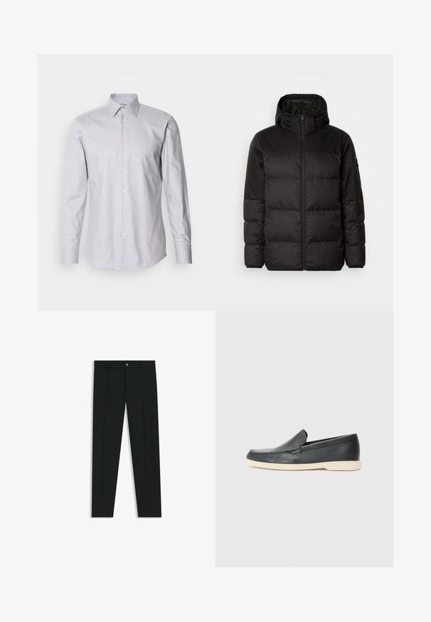 Musta puhvijakku sisältää vetoketjun, hupun, tilkuista koostuvia osioita ja joustavat hihansuut. Se on valmistettu sileästä, vedenpitävästä materiaalista.; Vaaleanharmaa pitkähiha-aita, jossa on napillinen kaulus, valmistettu kudotusta kankaasta. Aita on klassinen istuvuudeltaan ja siinä on valkoiset napit edessä.; Musta housut, joissa on suora lahje, valmistettu sileästä kankaasta. Edessä nappisulku ja vyölenkit. Yksinkertainen ilman kuvioita.; Mustat nahkakengät ilman nauhoja, joissa on teksturoitu pinta ja kontrastoiva beige kumipohja. Kengissä on hillitty yksityiskohta etuosassa.