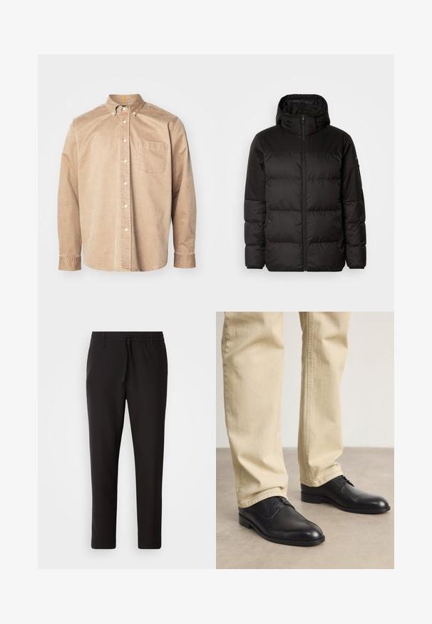 Zwarte pufferjas met ritsluiting, een capuchon, gequiltte secties en elastische manchetten, gemaakt van een glad, waterafstotend materiaal.; Beige bloes met knopen en een kraag, lange mouwen en een enkele borstzak. Gemaakt van zacht materiaal met een gladde textuur en subtiele stiksels.; Zwarte joggingsbroek van gladde stof. Kenmerkt zich door een elastische tailleband met een trekkoord, taps toelopende benen en geen zichtbare zakken. Eenvoudig ontwerp.; Zwarte leren veterschoenen met een ronde neus, een gladde afwerking en subtiele stikdetails, gedragen met lichtbeige broeken.