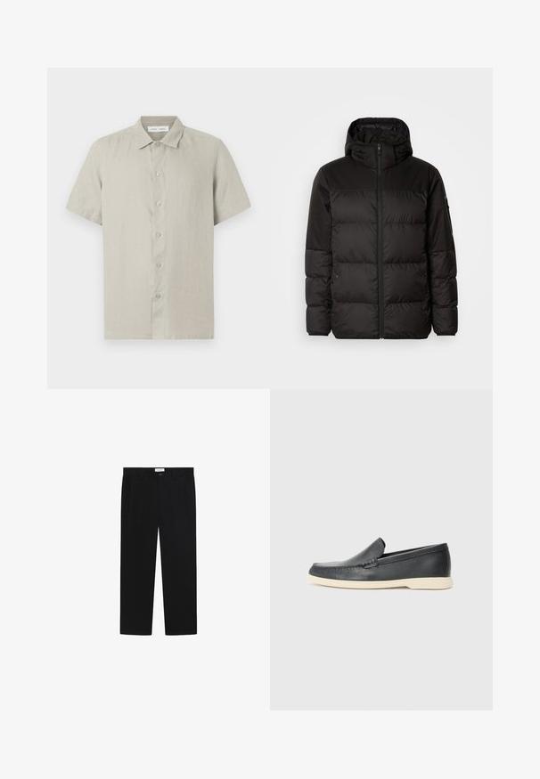 Musta puhvijakku sisältää vetoketjun, hupun, tilkuista koostuvia osioita ja joustavat hihansuut. Se on valmistettu sileästä, vedenpitävästä materiaalista.; Beige värinen lyhythihainen napillinen paitapusero, jossa on kaulus, valmistettu kevyestä kankaasta, etupuoli valkoisella taustalla.; Mustat housut, joissa on suora lahje, etutaskut ja nappikiinnitys. Valmistettu sileästä kankaasta, jossa on kiiltävä pinta.; Mustat nahkakengät ilman nauhoja, joissa on teksturoitu pinta ja kontrastoiva beige kumipohja. Kengissä on hillitty yksityiskohta etuosassa.