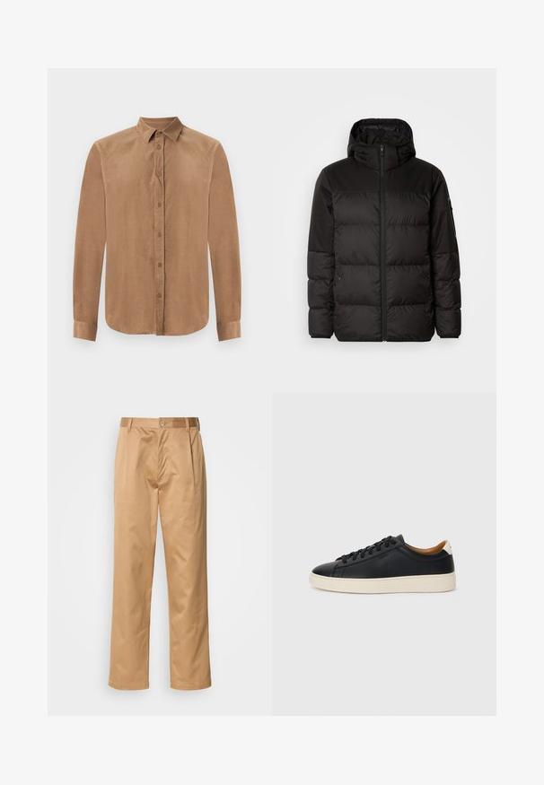 A fekete steppelt dzseki cipzáros záródással, kapucnival, steppelt részekkel és rugalmas mandzsettákkal rendelkezik, sima, vízálló anyagból készült.; Barna, hosszú ujjú gombos ing puha anyagból, klasszikus gallérral és elől gombos zárással. Simább textúrával és egyenes szabással.; Khaki nadrág, pamut keverék, egyenes szabású, elülső redők, övtartók és gombos zárás. Simább textúra minták nélkül.; Fekete bőr sportcipők sima felülettel, bézs gumitalppal, fűzős dizájnnal és kontrasztos sarkú akcentussal.