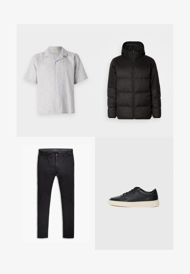 A jaqueta puffer preta apresenta um fecho zip, um capuz, secções acolchoadas e punhos elásticos, confeccionada em um material liso e resistente à água.; Camisa de botão de mangas curtas em linho listrado azul claro e branco. Apresenta um colarinho clássico e uma bainha reta, com cinco botões na parte da frente.; Chinos pretos de algodão com um corte afunilado, apresentando cinco bolsos, passantes para cinto e uma textura suave. Fecho com zíper e botão.; Sapatilha preta de cano baixo em pele com atacadores pretos e sola off-white, apresentada em perfil lateral sobre fundo branco.