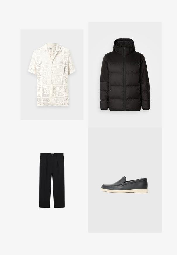 Black puffer jacket features a zip closure, a hood, quilted sections, and elastic cuffs, made from a smooth, water-resistant material.; White short-sleeve shirt featuring an openwork crochet pattern, with a collar and front buttons, displaying a grid design.; Black tailored pants with front pleats, a straight-leg design, and a button closure. Fabric appears smooth with a slight sheen.; Black leather slip-on loafers with a textured finish and a contrasting beige rubber sole. Features a subtle accent along the front.
