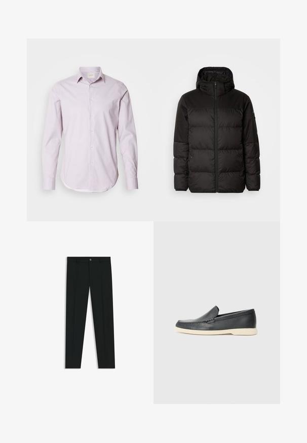 Black puffer jacket features a zip closure, a hood, quilted sections, and elastic cuffs, made from a smooth, water-resistant material.; Light pink long-sleeve shirt with small white polka dots, button-down collar, and rounded hem. Made of smooth fabric with subtle sheen.; Black dress pants with a straight-leg design, made of smooth fabric. Features a front button closure and belt loops. Plain without patterns.; Black leather slip-on loafers with a textured finish and a contrasting beige rubber sole. Features a subtle accent along the front.