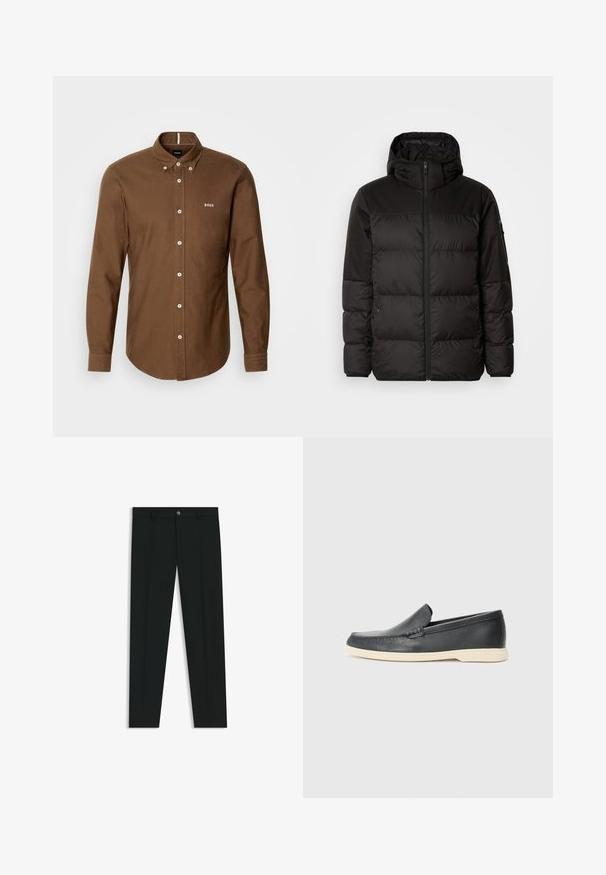 Il giubbotto puffo nero presenta una chiusura con zip, un cappuccio, sezioni trapuntate e polsini elastici, realizzato in un materiale liscio e resistente all'acqua.; BOSS ROAN - Camicia - brown; Pantaloni neri in tessuto lisci, con design a gamba dritta. Presentano una chiusura frontale con bottone e passanti per cintura. Senza fantasie.; Mocassini neri in pelle con finitura testurizzata e suola in gomma beige a contrasto. Presentano un accento sottile lungo la parte anteriore.