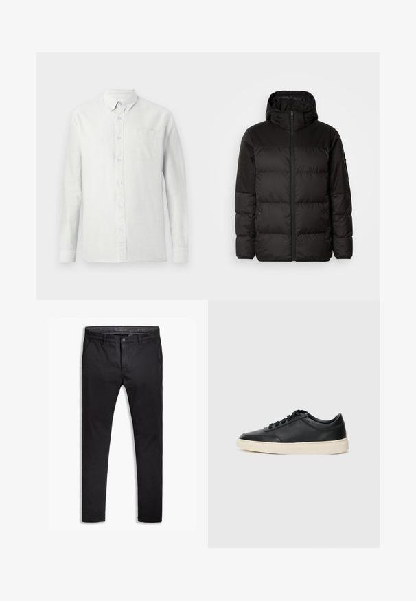 Zwarte pufferjas met ritsluiting, een capuchon, gequiltte secties en elastische manchetten, gemaakt van een glad, waterafstotend materiaal.; Lichtgekleurde, langarmige shirt met verticale strepen, een button-down kraag en een borstzak. De stof lijkt gestructureerd met een zachte afwerking.; Zwarte katoenen chinos met een taps toelopende pasvorm, voorzien van vijf zakken, riemlussen en een gladde textuur. Ritssluiting met een knoopsluiting.; Zwarte leren sneaker met lage schacht, zwarte veters en off-white zool, weergegeven in zijprofiel op een witte achtergrond.