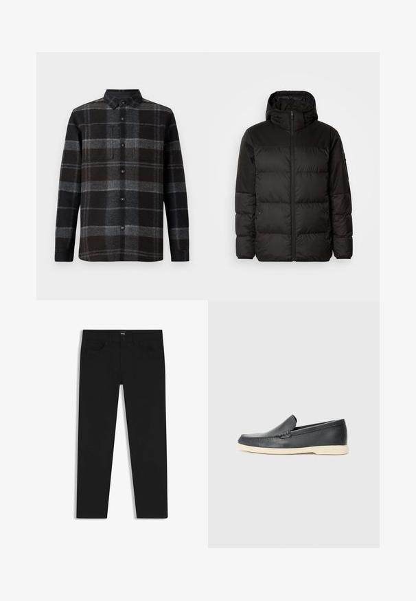 Black puffer jacket features a zip closure, a hood, quilted sections, and elastic cuffs, made from a smooth, water-resistant material.; Flannel shirt in black and gray plaid, featuring a point collar, button front, and two chest pockets. Soft texture and long sleeves.; Black denim trousers with a straight cut, featuring a standard waistband, five pockets, and a button closure. Smooth texture throughout.; Black leather slip-on loafers with a textured finish and a contrasting beige rubber sole. Features a subtle accent along the front.