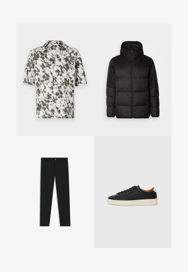 Musta puhvijakku sisältää vetoketjun, hupun, tilkuista koostuvia osioita ja joustavat hihansuut. Se on valmistettu sileästä, vedenpitävästä materiaalista.; Lyhythihainen napitettava paita kevyessä kankaassa, valkoisella pohjalla, jossa on abstrakti musta ja harmaa kuvio, ja lovikaulus.; Musta housut, joissa on suora lahje, valmistettu sileästä kankaasta. Edessä nappisulku ja vyölenkit. Yksinkertainen ilman kuvioita.; Mustat nahkasneakerit, joissa on sileä pinta, beige kumipohja, nauhakiinnitys ja erottuva kanta-aksentti.