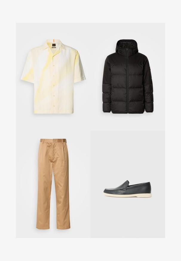 Sort pufferjakke med lynlås, hætte, quiltede sektioner og elastiske manchetter, lavet af et glat, vandafvisende materiale.; Kortærmet skjorte lavet af let stof, med et gult og hvidt tie-dye mønster, knaplukning foran og en camp krave.; Khaki bukser, blanding af bomuld, lige ben-design, frontfald, bæltesløjfer og knaplukning. Glat tekstur uden mønstre.; Sorte læder slip-on loafers med en struktureret overflade og en kontrasterende beige gummisål. Har en subtil detalje langs forsiden.