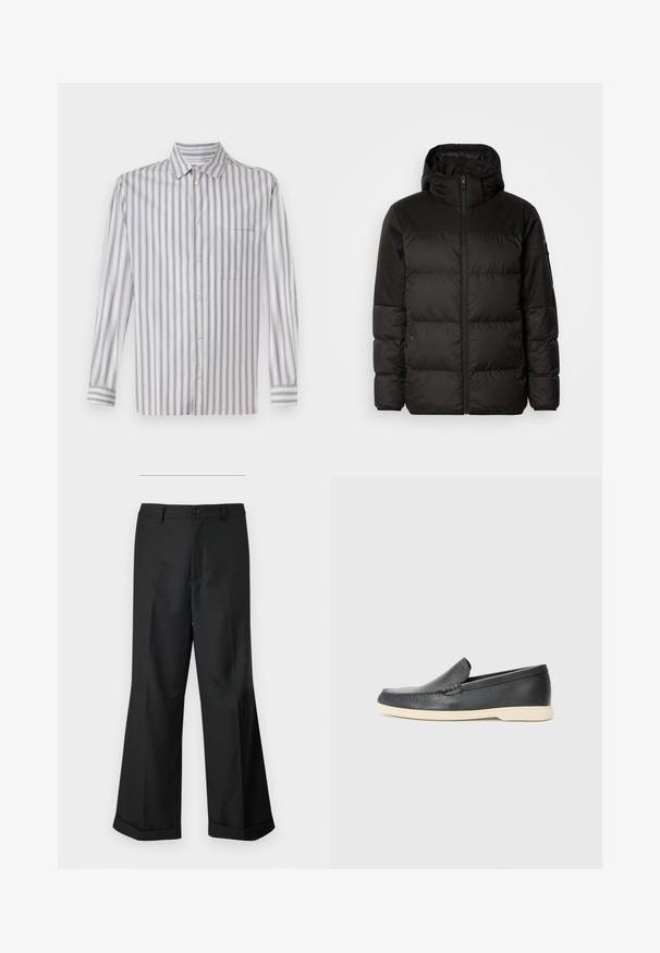 Črna zimska jakna ima zadrgo, kapuco, prešite odseke in elastične manšete, izdelana je iz gladkega, vodoodpornega materiala.; Srajca z gumbki v svetlo sivi barvi z belimi navpičnimi črtami, dolgi rokavi, ovratnik, en sam žep na prsih in subtilna tekstura.; Črne široke hlače z gumbasto pasom in manšetami, prikazane na enostavni beli podlagi.; Črne usnjene natikače z teksturiranim zaključkom in kontrastno bež gumo na podplatu. Imajo subtilen naglas vzdolž sprednje strani.