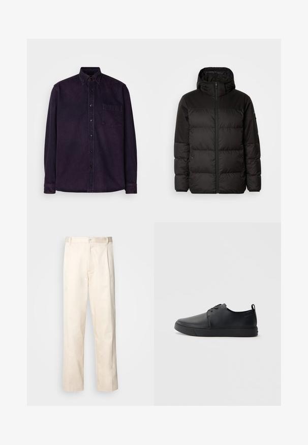 Černá péřová bunda má zipový uzávěr, kapuci, prošívané části a elastické manžety, vyrobená z hladkého, voděodolného materiálu.; Tmavě fialová košile na knoflíky vyrobená z bavlny, s náprsní kapsou, klasickým límcem, dlouhými rukávy a černými knoflíky. Hladká textura.; Bežové bavlněné kalhoty se střihy rovného nohavice, s knoflíkovým zapínáním a záhyby vpředu pro zvýraznění detailu.; Černé kožené tenisky s hladkým povrchem, zaoblenou špičkou, tónovým prošíváním, šněrovacím uzávěrem a plochou gumovou podrážkou. Očko na patě.