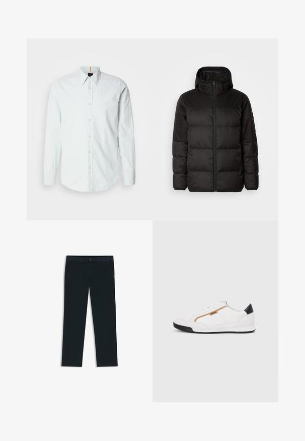 Zwarte pufferjas met ritsluiting, een capuchon, gequiltte secties en elastische manchetten, gemaakt van een glad, waterafstotend materiaal.; Lichtblauw button-down overhemd van katoen, met lange mouwen, een klassieke kraag en een klein logo op de borst. Zachte textuur.; Donkerblauwe chino's gemaakt van een katoenmix stof. Voorzien van riemlussen, front pockets en een rits met knoopsluiting.; Witte sportieve schoenen met gaas- en lederen accenten. Voorzien van een gouden "BOSS" logo, gestructureerde zijpanelen en een zwarte hakkap. Rubberen zool.