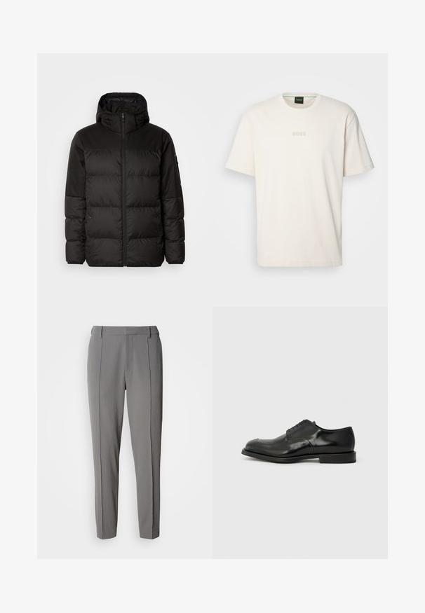 Geacă puffer neagră cu închidere cu fermoar, glugă, secțiuni quilted și manșete elastice, realizată dintr-un material neted, rezistent la apă.; BOSS TEE - Tricou basic - open white; Calvin Klein PULL ON - Pantaloni - pewter; Pantofii de dressing din piele neagră, cu o finisare lustruită, vârf rotund, cinci orificii pentru șireturi și o talpă din cauciuc plată. Textură netedă cu accente minime.