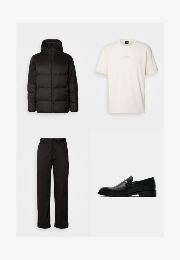 Geacă puffer neagră cu închidere cu fermoar, glugă, secțiuni quilted și manșete elastice, realizată dintr-un material neted, rezistent la apă.; BOSS TEE - Tricou basic - open white; Pantaloni negri dintr-un material neted, cu fermoar la brâu, închidere cu nasture și mansete rulate pentru un design casual.; Mocasini pentru bărbați din piele neagră, cu detalii din metal la cataramă, toc jos și talpă branduită, prezentate din lateral pe un fond alb.