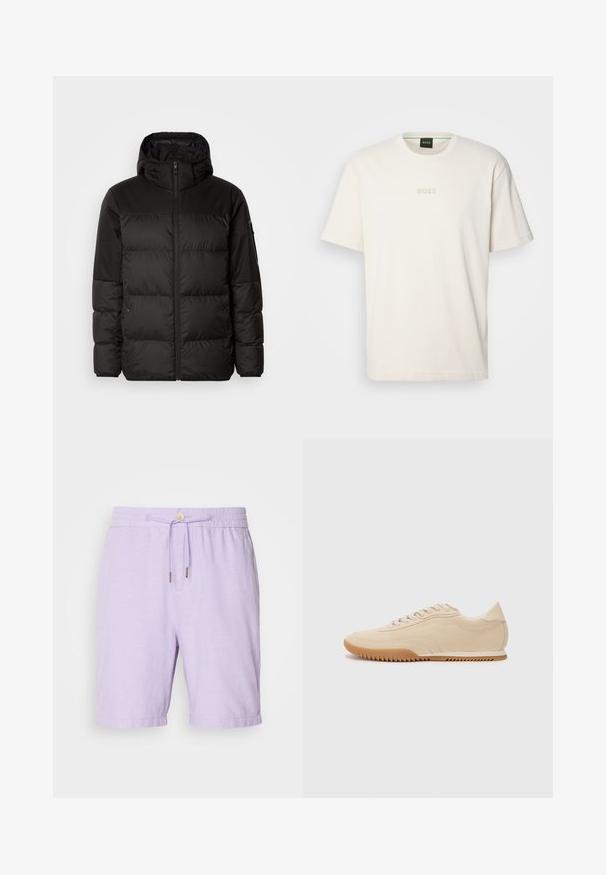 Čierna prešívaná bunda má zips, kapucňu, prešívané sekcie a elastické manžety, vyrobená z hladkého, vodeodolného materiálu.; BOSS TEE - Základné tričko - open white; Fialové ľanové šortky s elastickým pásom, sťahovacou šnúrkou a dvoma bočnými vreckami. Majú voľný strih a lemované manžety.; Béžové semišové tenisky s elegantným dizajnom, ktoré majú štruktúrovaný zvršok, zaoblenú špičku a gumovú podošvu so zigzagovým vzorom.