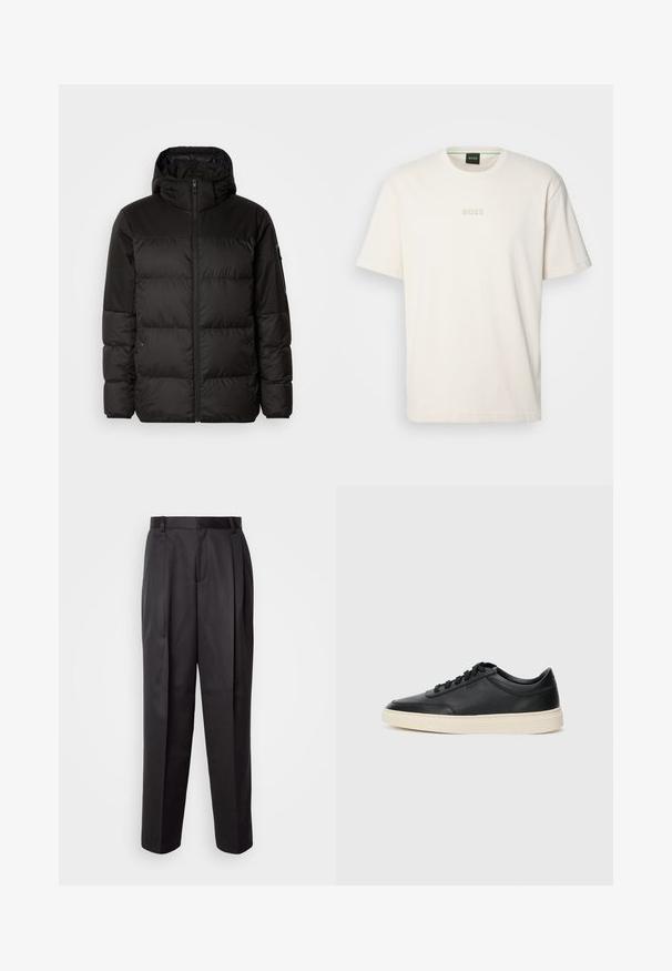 Juodas pūkinis švarkas turi užtrauktuką, gobtuvą, siūlinčius skyrius ir elastinius rankogalius, pagamintas iš lygaus, vandeniui atsparaus medžiagos.; BOSS TEE - Paprasti marškinėliai - open white; Juodos kelnės, pagamintos iš lygaus audinio, su tiesiu kirpimu, priekinėmis klostėmis ir diržo kilpomis, turinčios pritaikytą ir struktūrizuotą dizainą.; Juoda žema viršutinė odinė sportbačiai su juodais raišteliais ir kreminiu padu, pateikti šoniniame profilyje ant baltos fono.